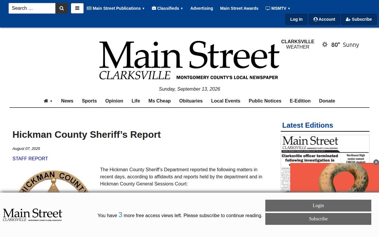 Hickman County local news sheriff arrest report