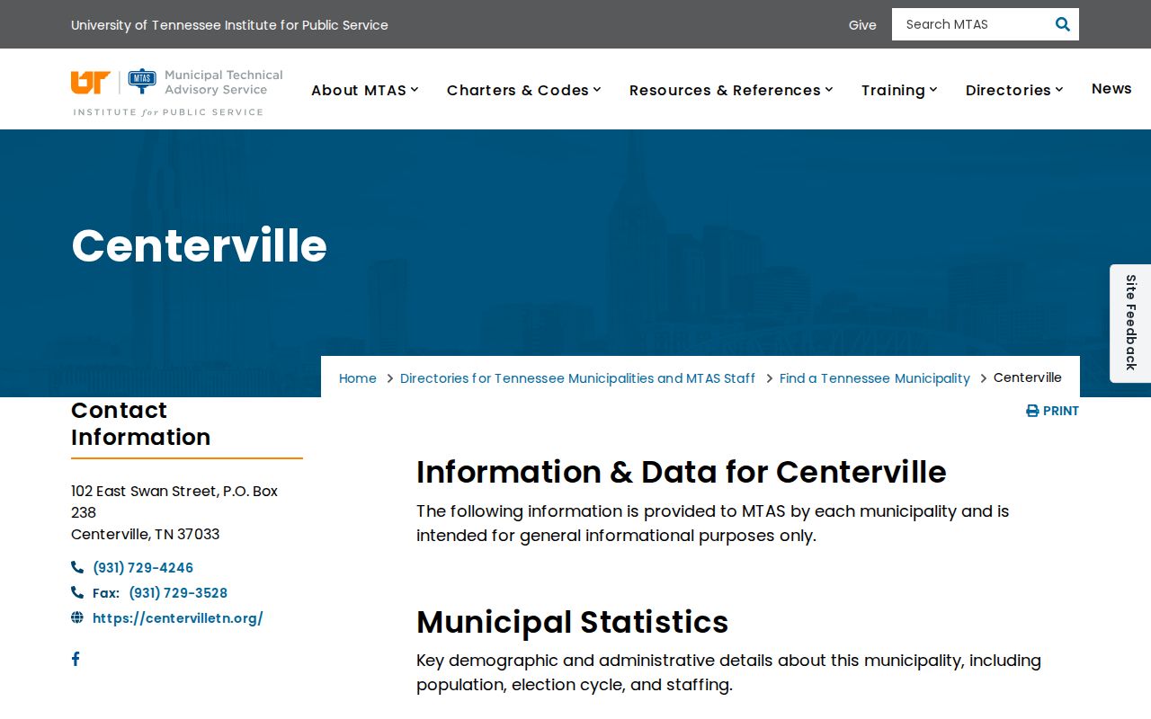 Official MTAS information for Centerville recent arrests context